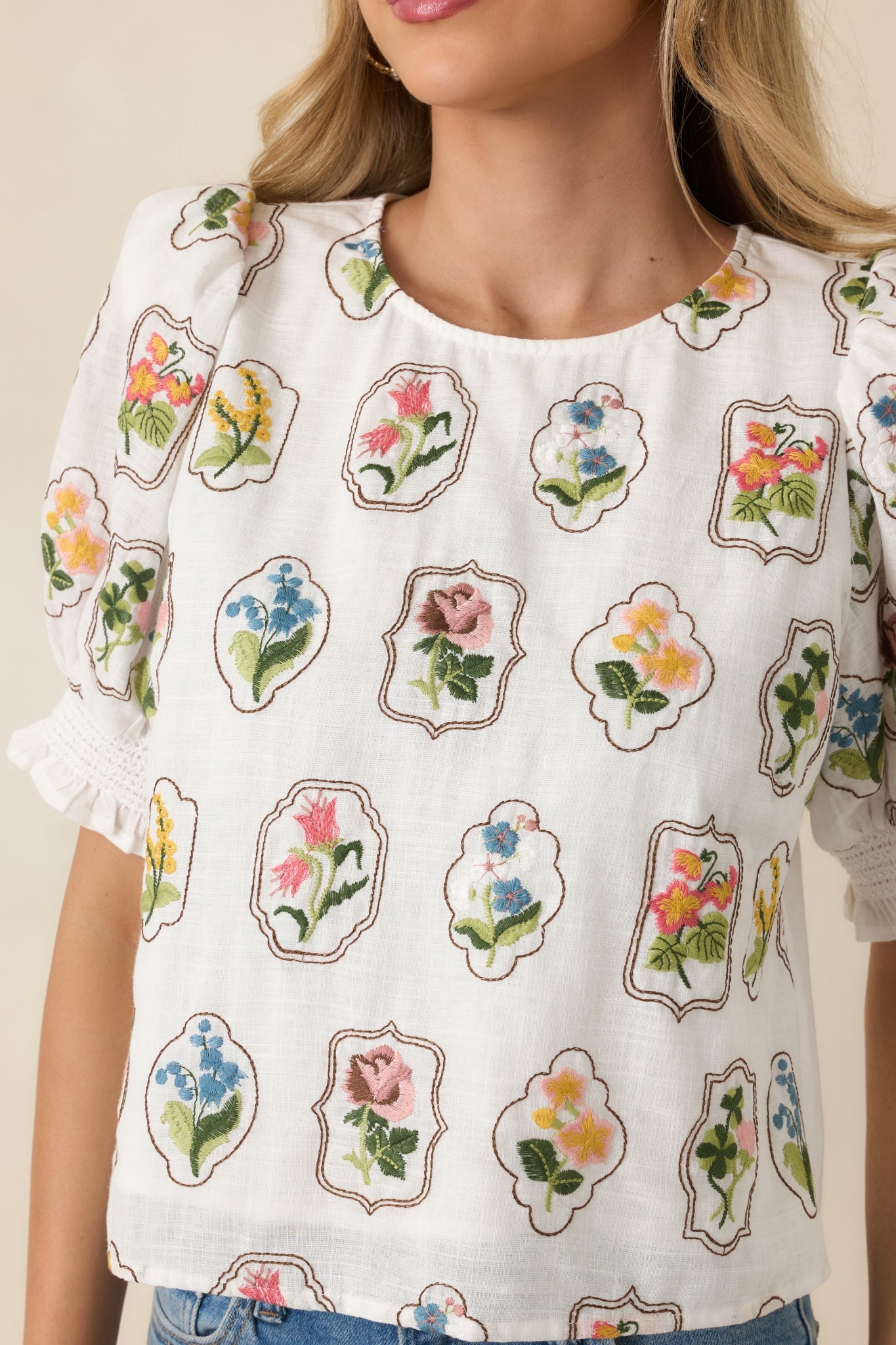 Pressed Flowers & Porcelain Ivory Multi Cotton Embroidered Floral Top