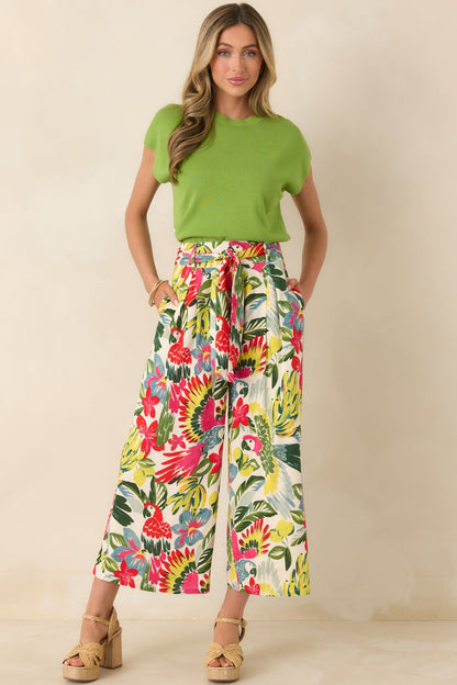 Talk Tropic To Me Red Multi Parrot Print Belted Crop Pants