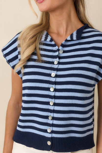 It All Lines Up Navy & Light Blue Stripe Knit Button Front Top