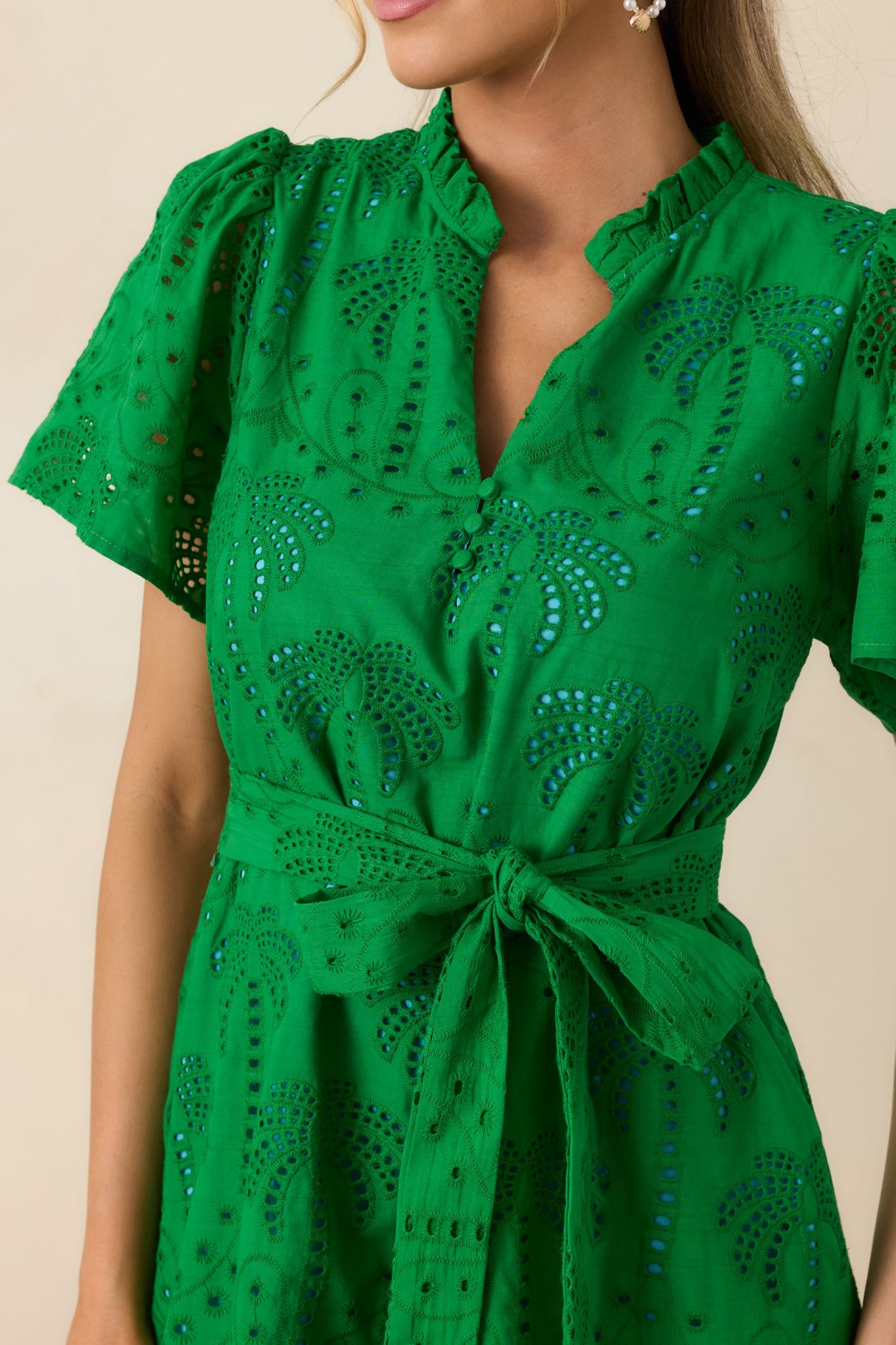 Isn't This Fun Green Cotton Eyelet Tie Waist Mini Dress