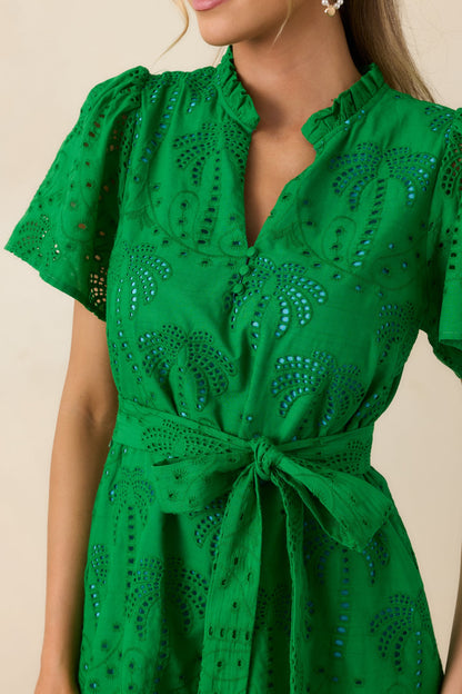 Isn't This Fun Green Cotton Eyelet Tie Waist Mini Dress
