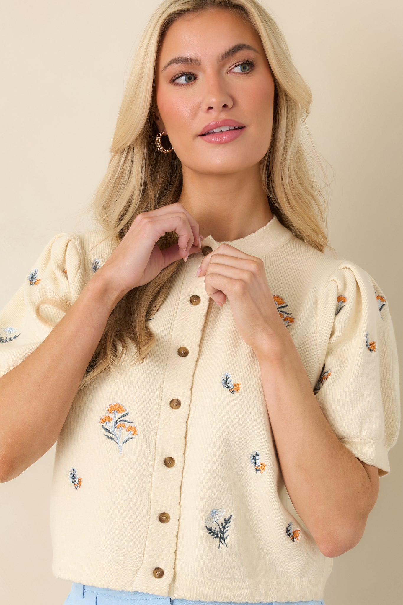 Reason to Stay Ivory Multi Floral Knit Button Front Top