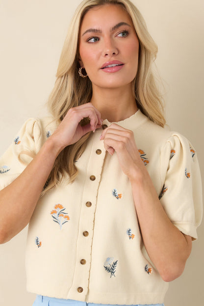 Reason to Stay Ivory Multi Floral Knit Button Front Top