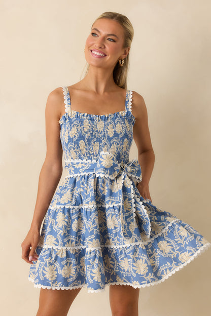 Prosperina Miss Darcy Dusty Blue Floral Cotton Mini Dress