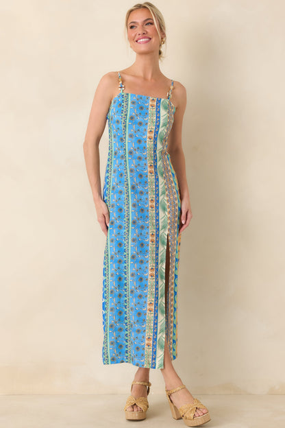 Sipping Under the Palms Blue Multi Tropical Print Bead Detail Midi Dress