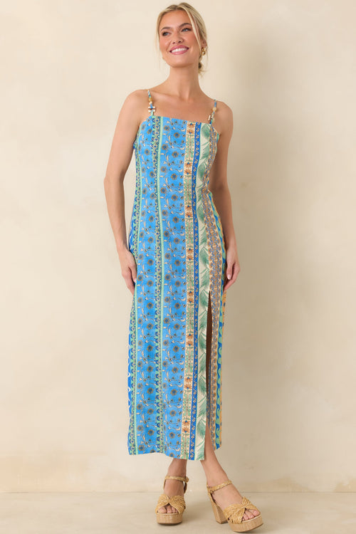 Sipping Under the Palms Blue Multi Tropical Print Bead Detail Midi Dress
