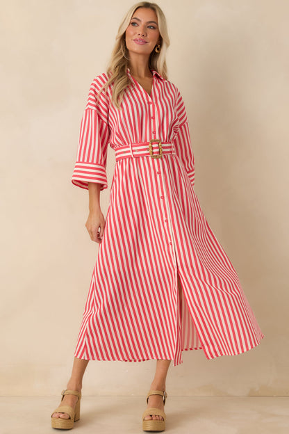 Lighthearted Days Red Stripe Belted Button Front Maxi Shirt Dress