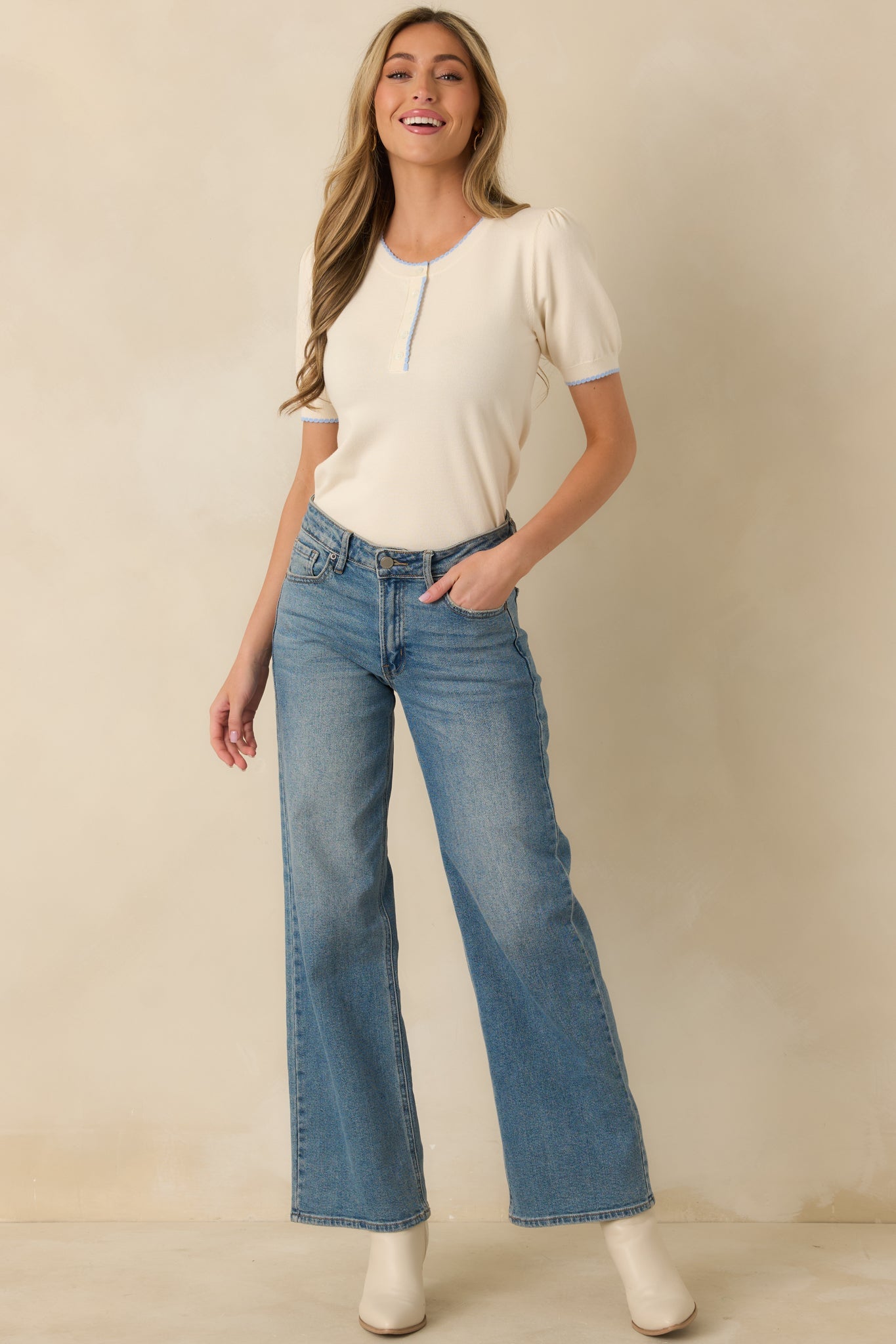 A Little Love Ivory Knit Contrast Short Sleeve Sweater