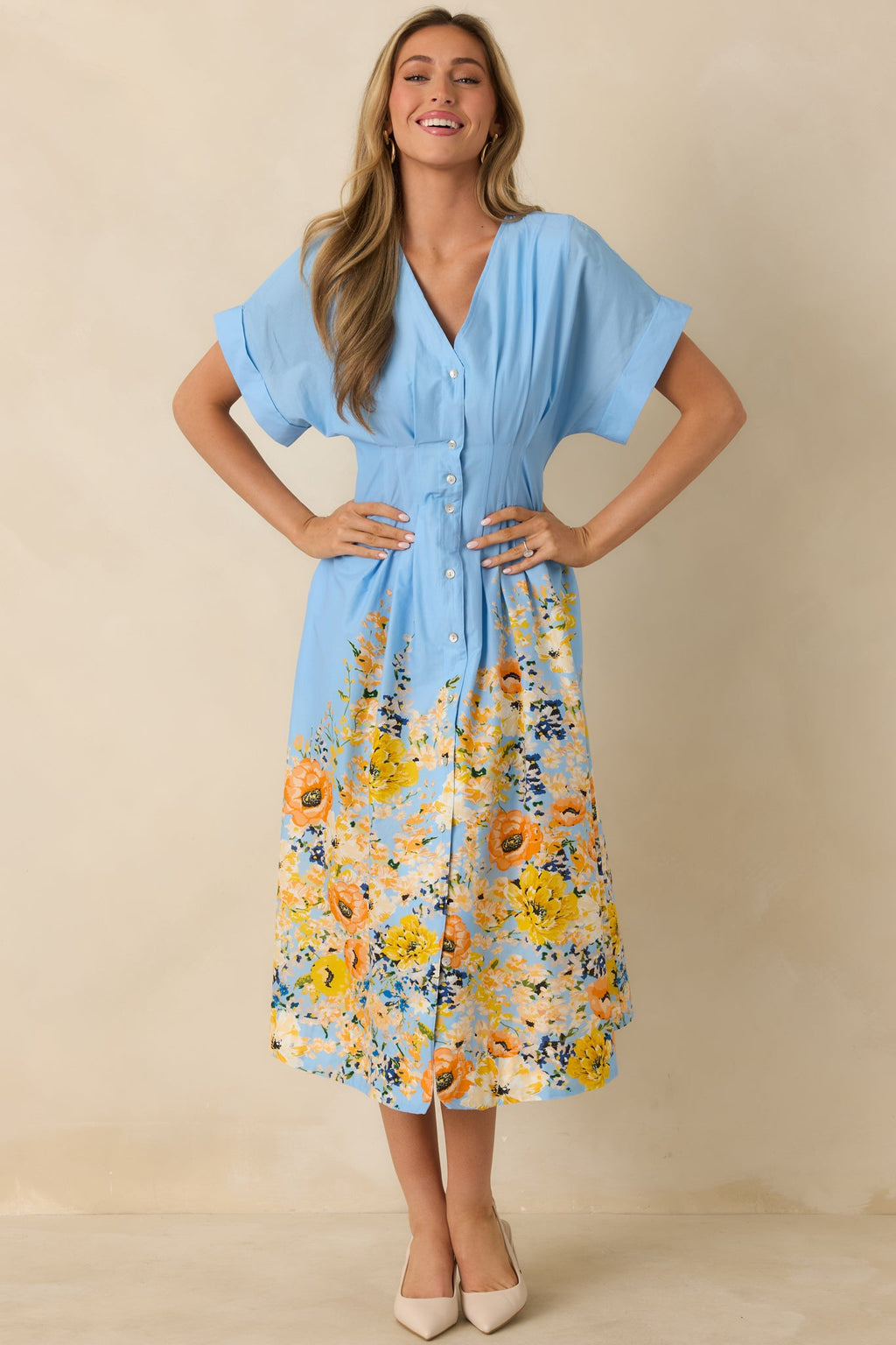 What Comes Next Blue Multi Cotton Floral Midi Dress