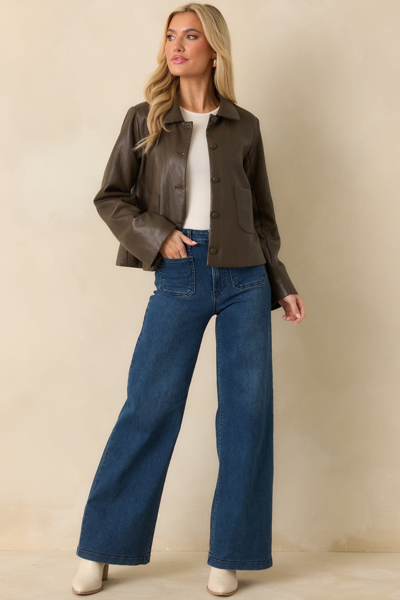 City Limits Chocolate Brown Faux Leather Button Up Jacket
