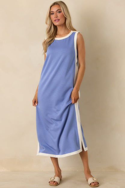 Perfectly Framed Blue Jersey Knit Contrast Trim Sleeveless Maxi Dress
