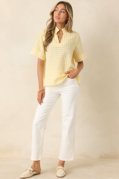 Plans in the Sunshine Yellow Gingham Cotton V-Neck Top