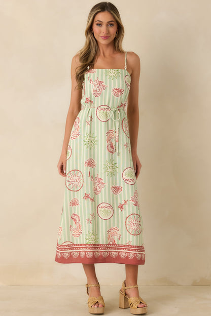 MINKPINK Soleil Green Stripe Linen Blend Tie-Waist Midi Dress