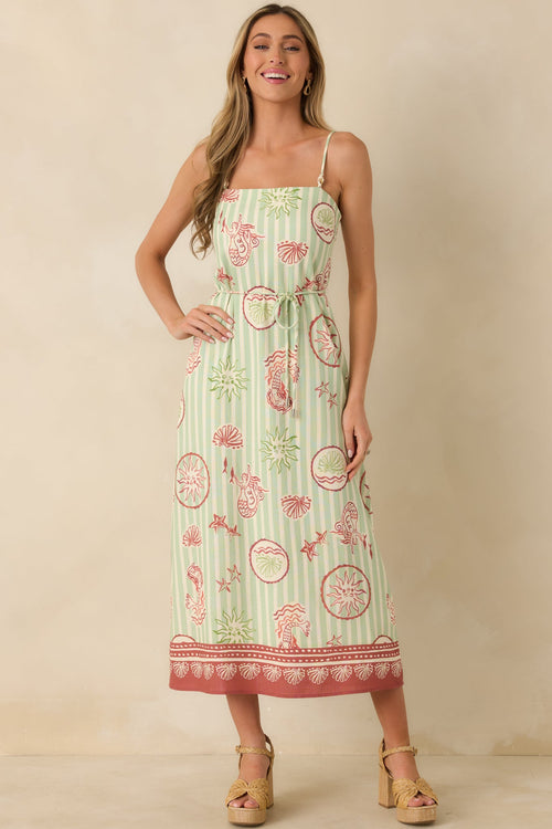 MINKPINK Soleil Green Stripe Linen Blend Tie-Waist Midi Dress
