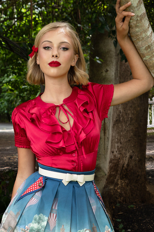 D'Amour Satin Frill Front Blouse (Red)