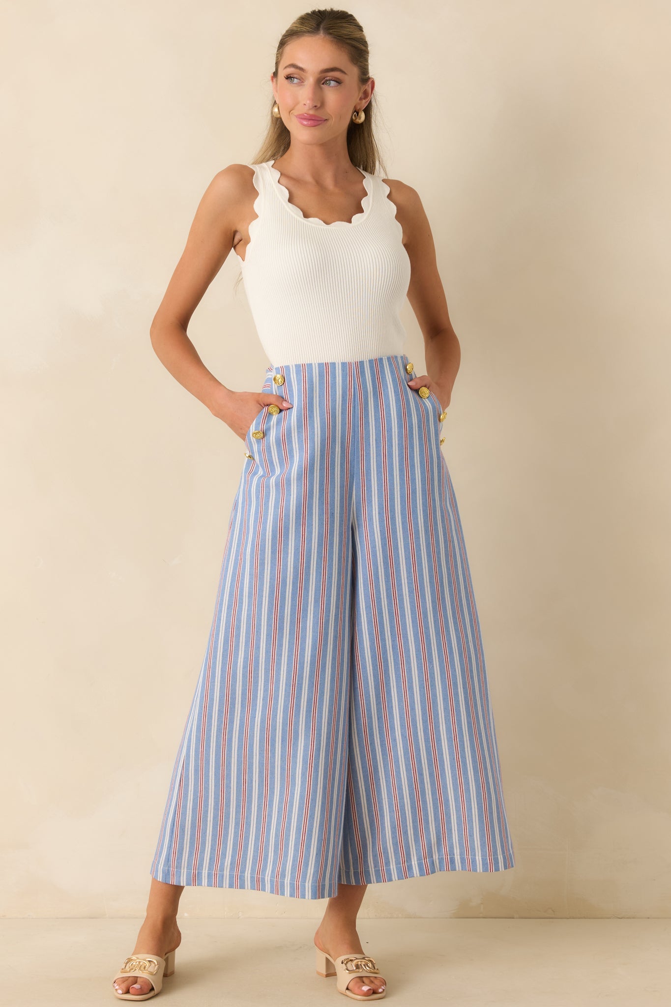 Prosperina Deitrich Blue & Red Stripe Wide Leg Cotton Blend Pants