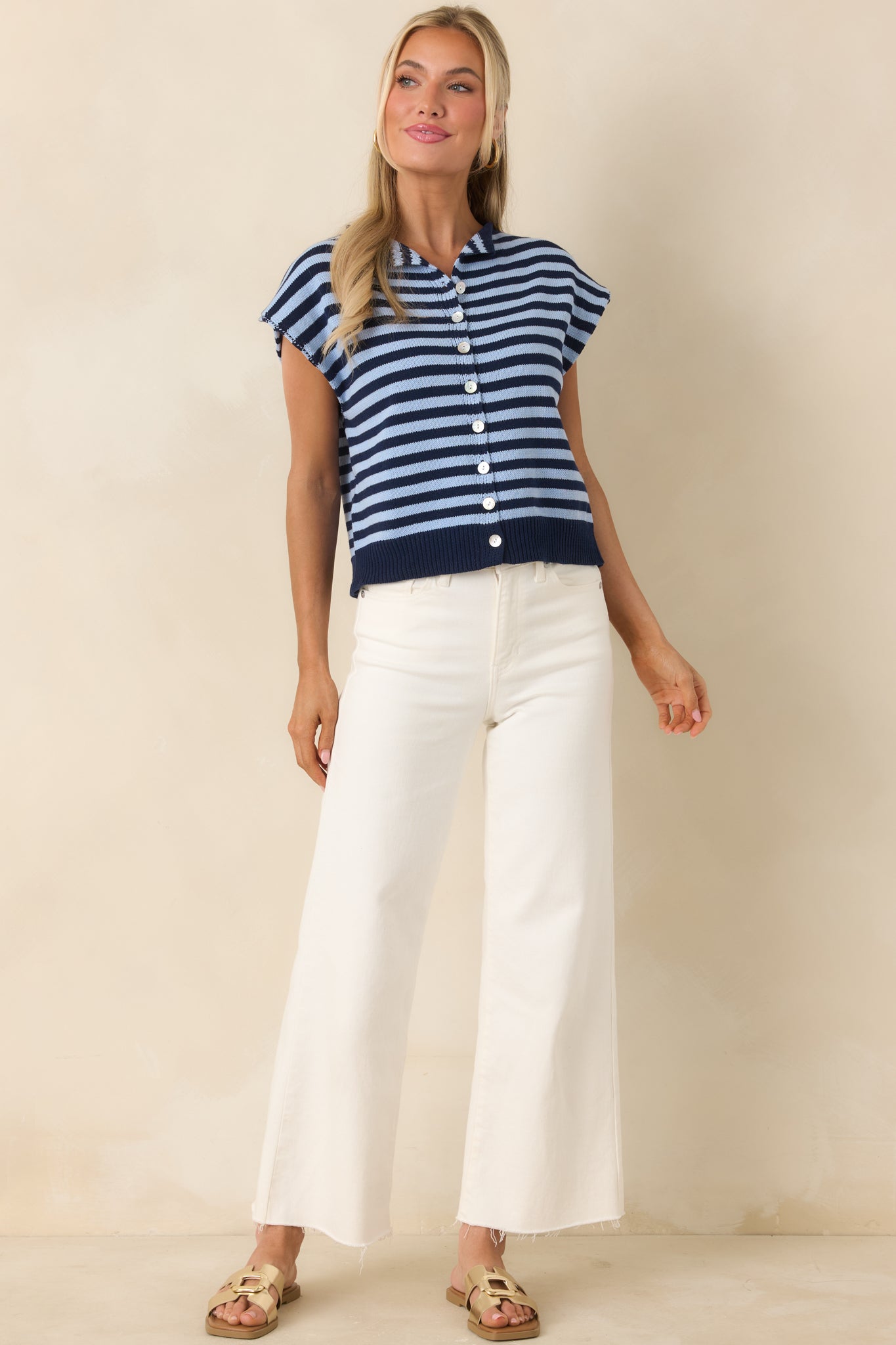 It All Lines Up Navy & Light Blue Stripe Knit Button Front Top