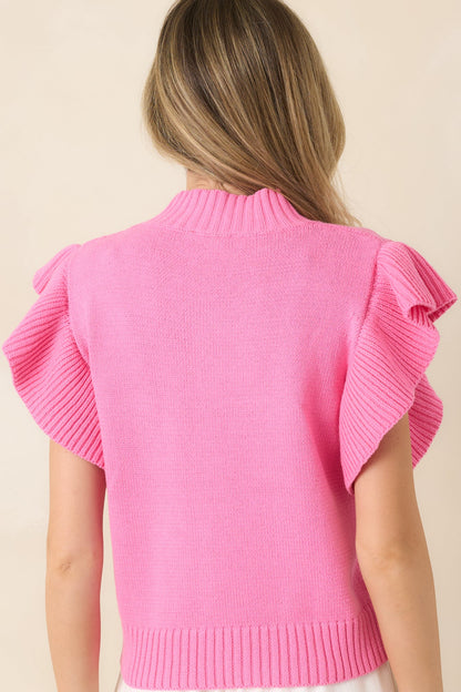 Watch Her Work Hot Pink Knit Flutter Sleeve Top