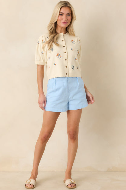 Reason to Stay Ivory Multi Floral Knit Button Front Top