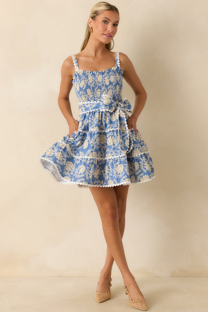 Prosperina Miss Darcy Dusty Blue Floral Cotton Mini Dress
