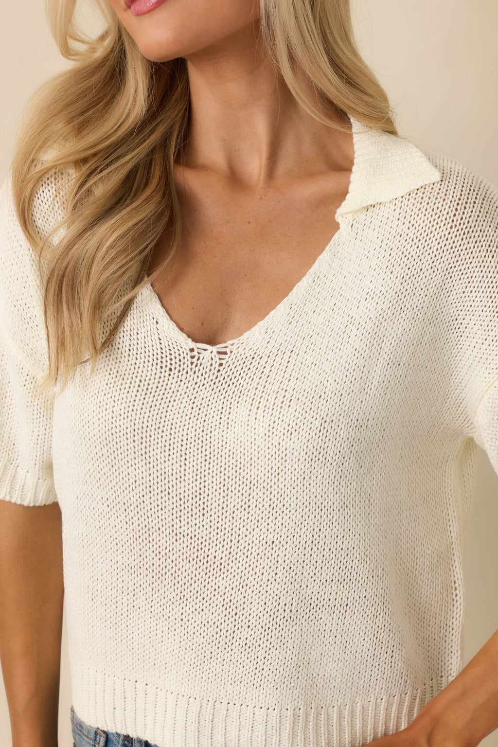 Without Thinking Twice Ivory Knit Collard V-Neck Short Sleeve Sweater