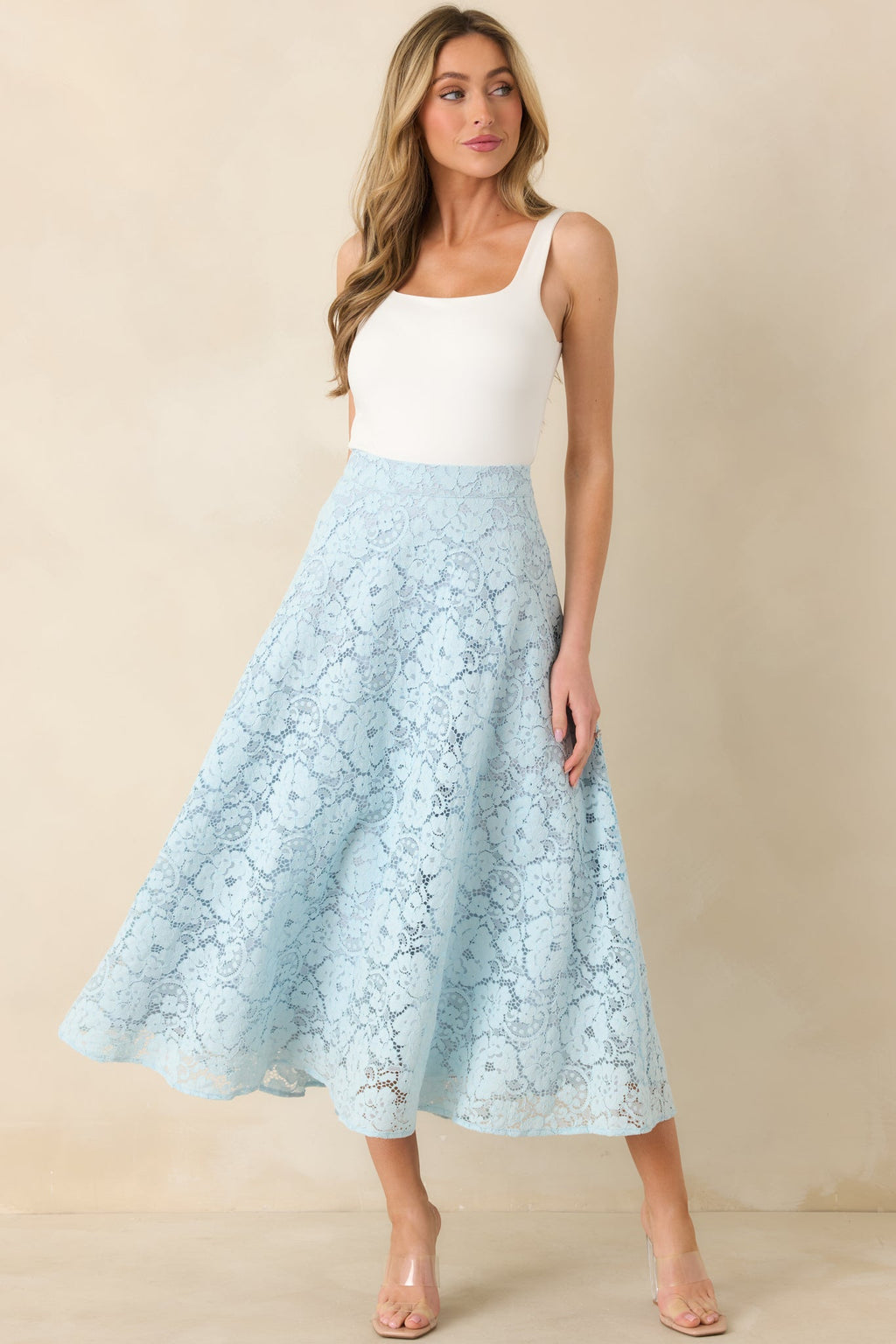 Soft Daylight Light Blue Guipure Maxi Skirt