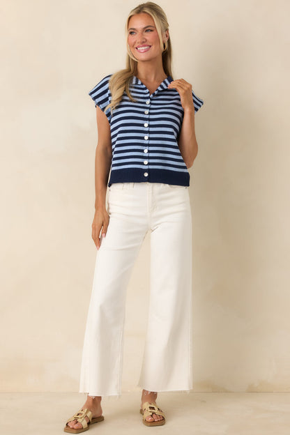 It All Lines Up Navy & Light Blue Stripe Knit Button Front Top