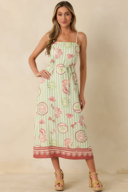 MINKPINK Soleil Green Stripe Linen Blend Tie-Waist Midi Dress