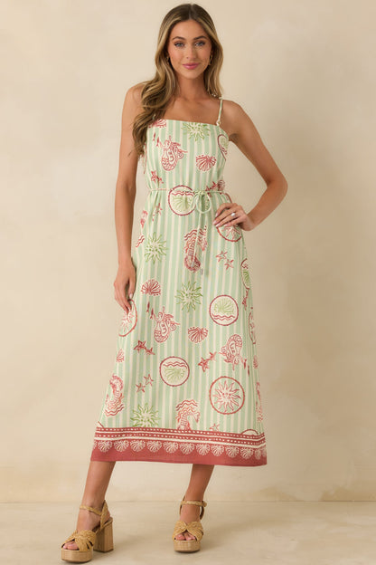 MINKPINK Soleil Green Stripe Linen Blend Tie-Waist Midi Dress