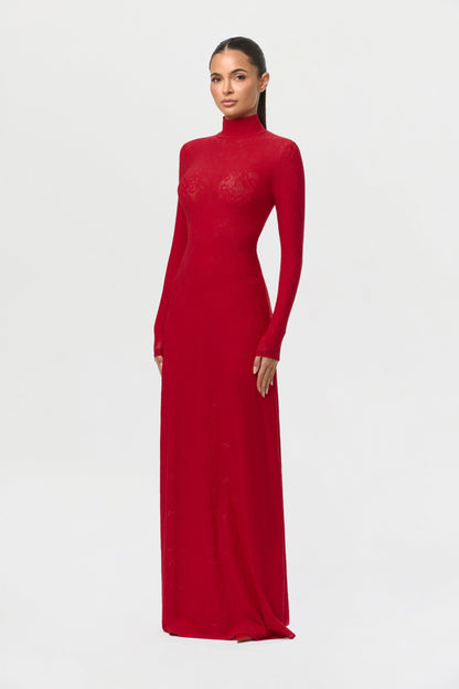 Stretch Lace Turtleneck Maxi Dress