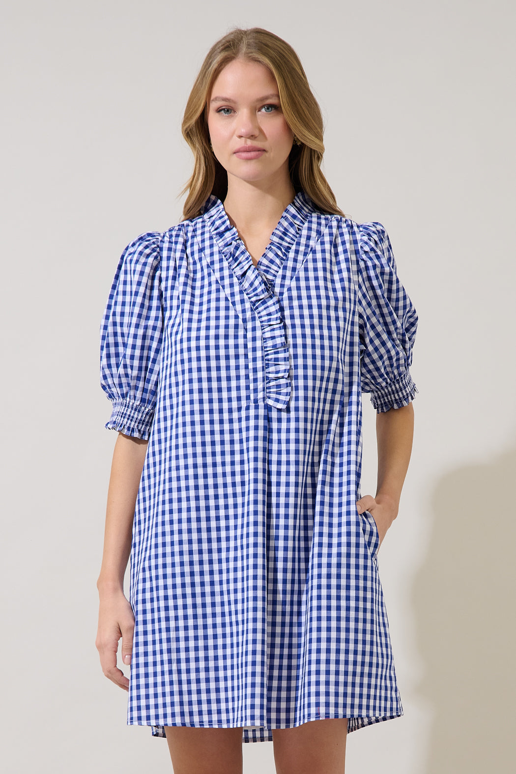 Brisla Gingham Ruffle Mini Dress