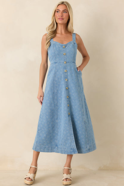 Dreaming in Blue Light Wash Denim Floral Midi Dress