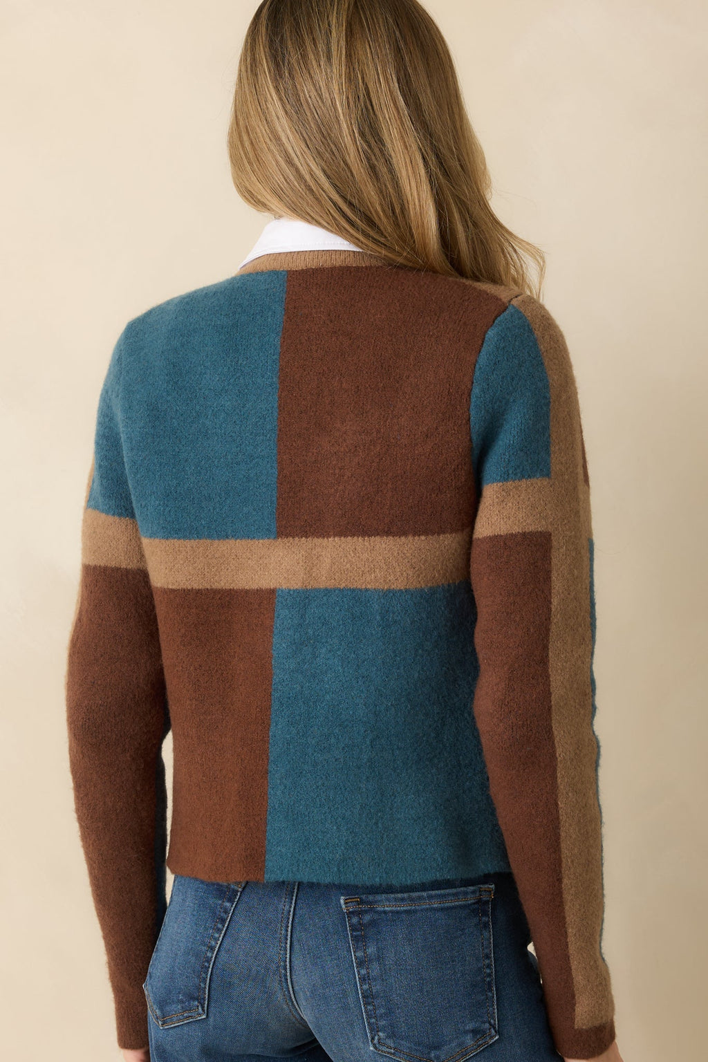 All About Now Brown and Teal Knit Color Block Cardigan Sweater