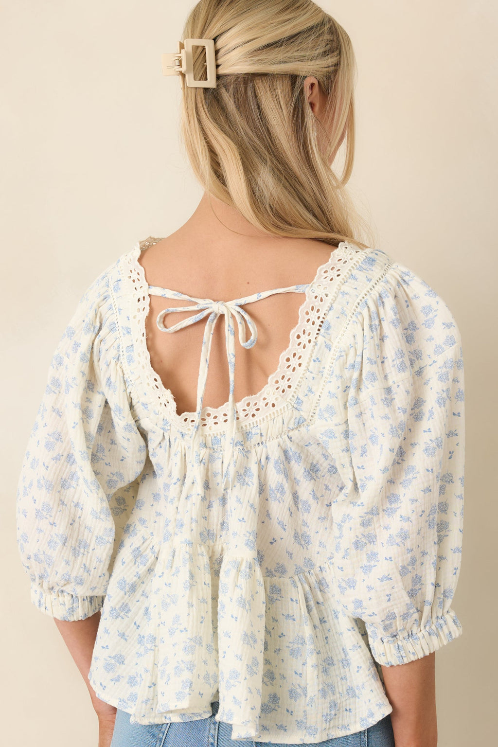 Sweetest Story Ivory & Blue Floral Cotton Blouse