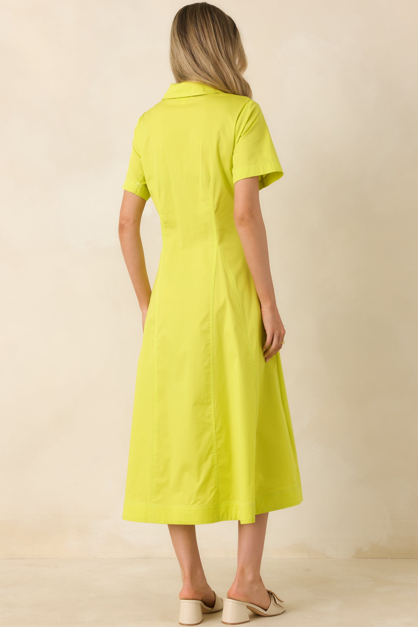 Make It Look Easy Chartreuse Short Sleeve Midi Shirt Dress