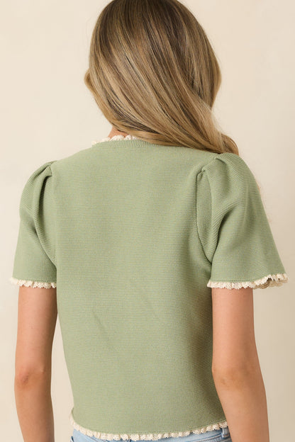 Like a Dream Light Green Knit Lace Trim Button Front Top