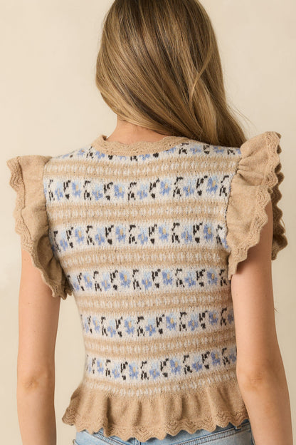 Sweet Meadow Taupe Multi Floral Knit Ruffled Cap Sleeve Top