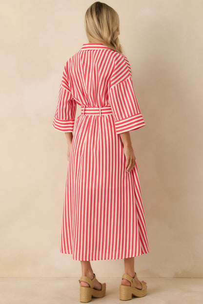 Lighthearted Days Red Stripe Belted Button Front Maxi Shirt Dress