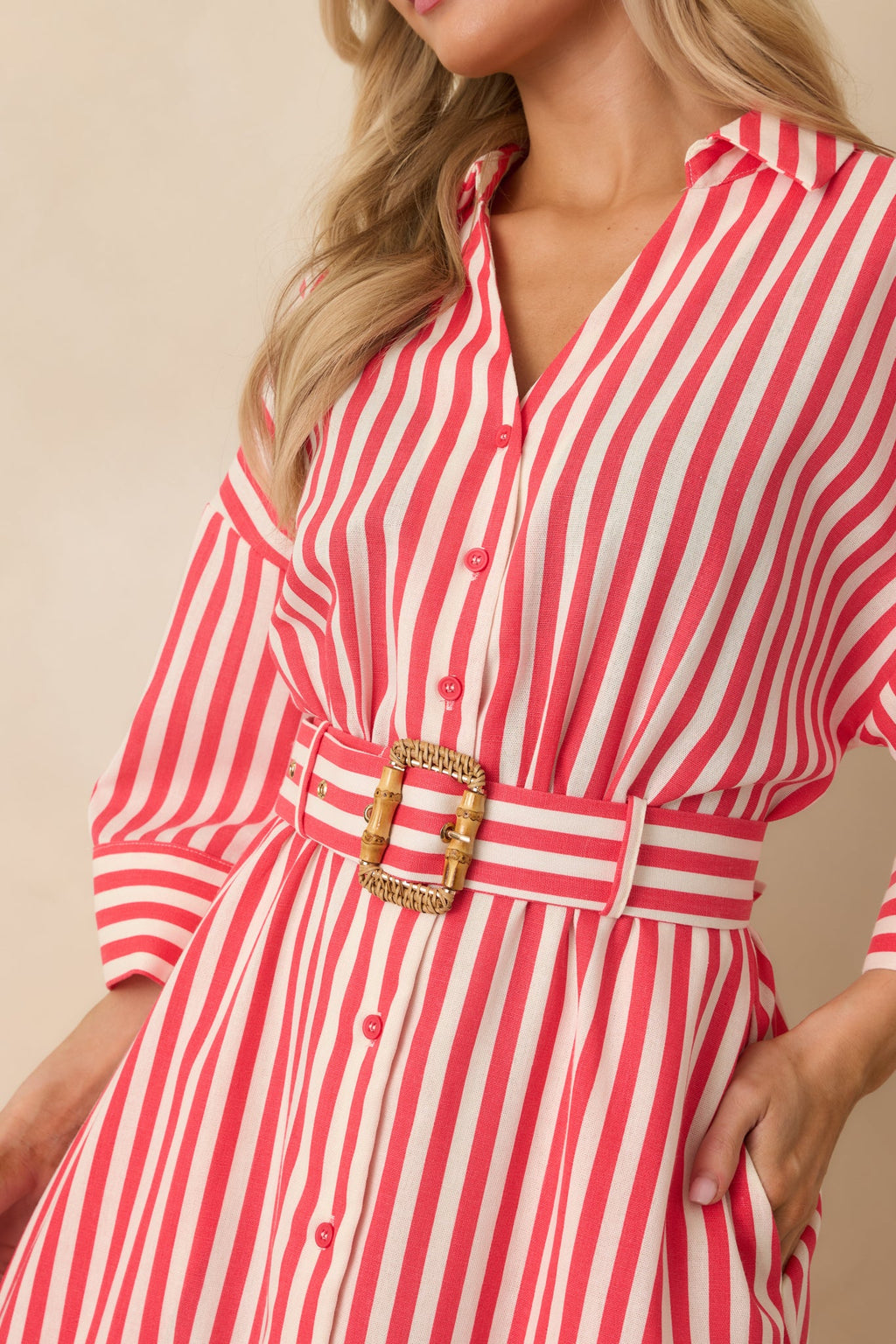 Lighthearted Days Red Stripe Belted Button Front Maxi Shirt Dress