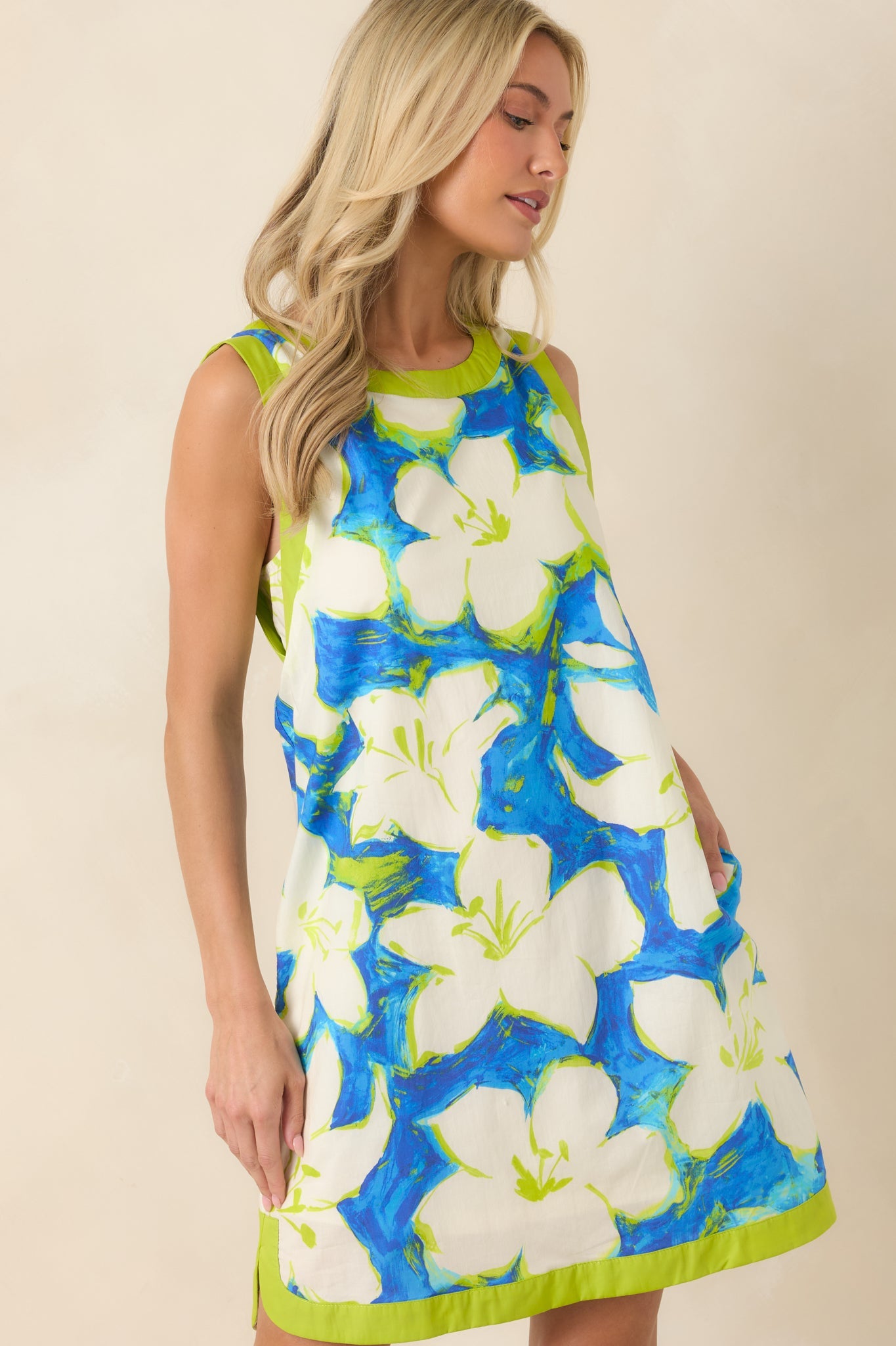 Seaside Canvas Blue & Green Cotton Floral Shift Dress
