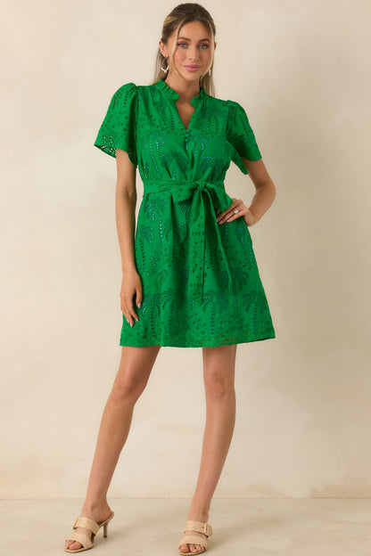 Isn't This Fun Green Cotton Eyelet Tie Waist Mini Dress