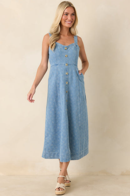 Dreaming in Blue Light Wash Denim Floral Midi Dress