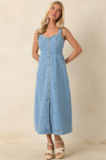 Dreaming in Blue Light Wash Denim Floral Midi Dress
