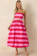 The Amanda Pink & Red Stripe Cotton Strapless Midi Dress