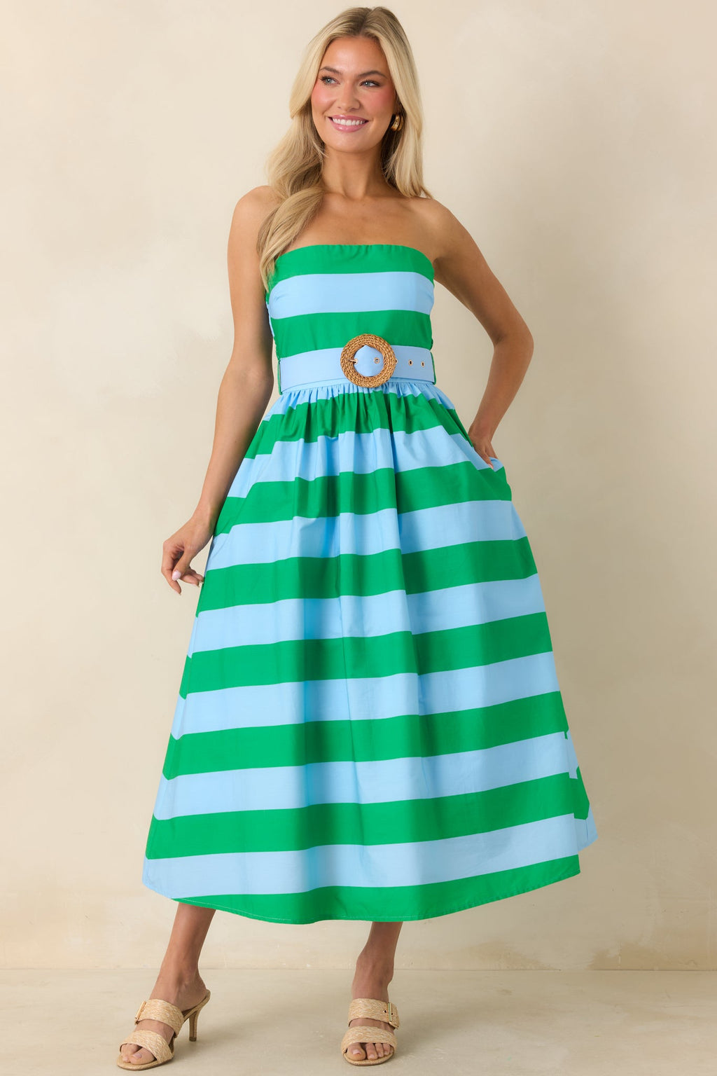 The Amanda Green & Light Blue Stripe Cotton Strapless Midi Dress