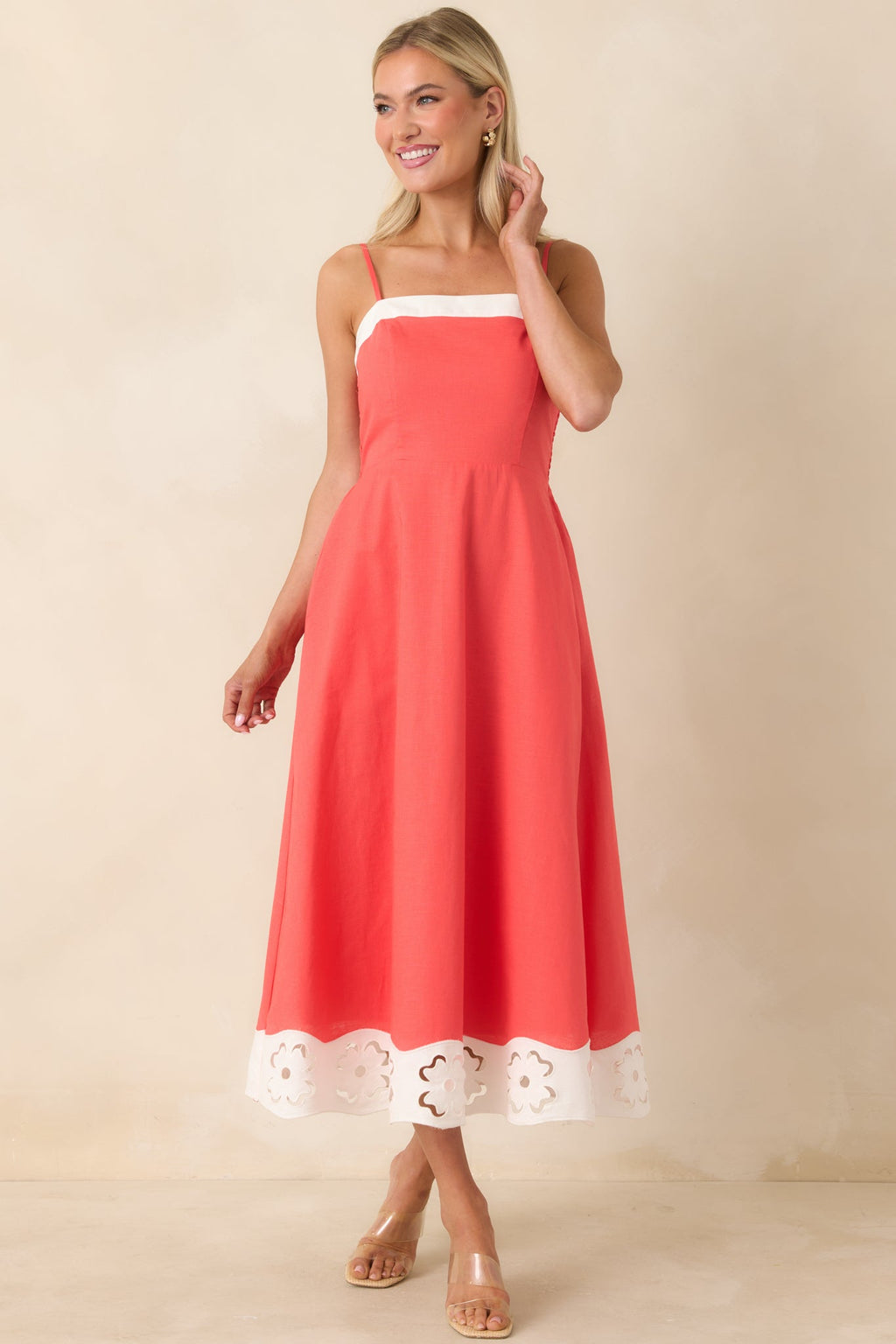 Cut Out for It Poppy Red & Ivory Cotton Linen Floral Cutout Midi Dress