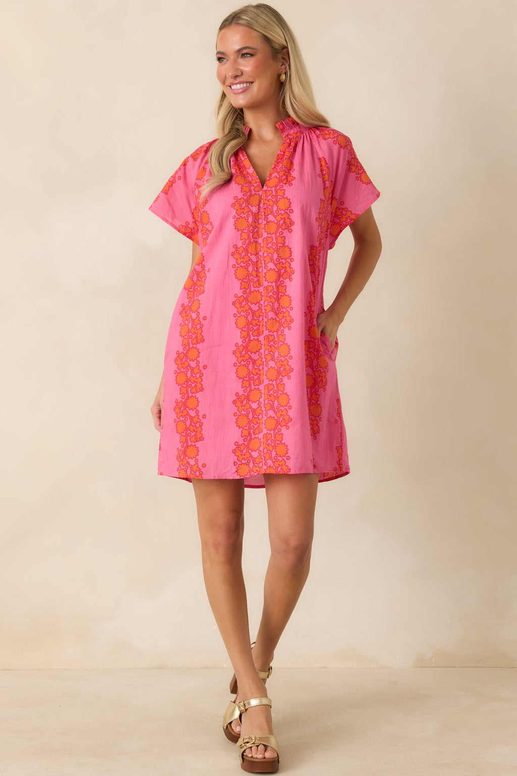 Palm Beach Bound Pink & Orange Cotton Floral Mini Dress