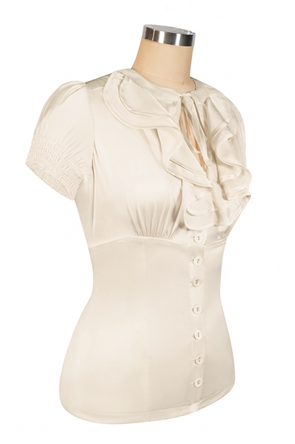 D'Amour Satin Frill Front Blouse (Vanilla)