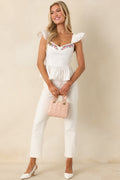 Open Skies White Cotton Flutter Sleeve Peplum Top