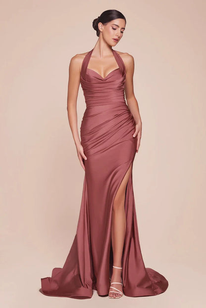 Ladivine Stretch Satin Halter Fitted Dress